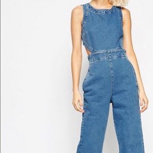 Denim Wide Leg Cut Out Jumpsuit Wash-Mid Stone